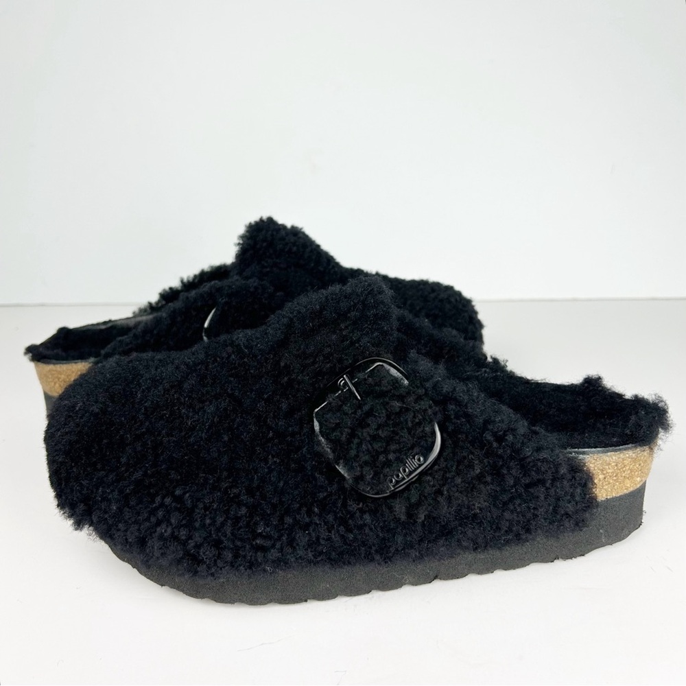 Birkenstock Papillio Boston Teddy Black Shearling Big Buckle Platform Clog EU 36